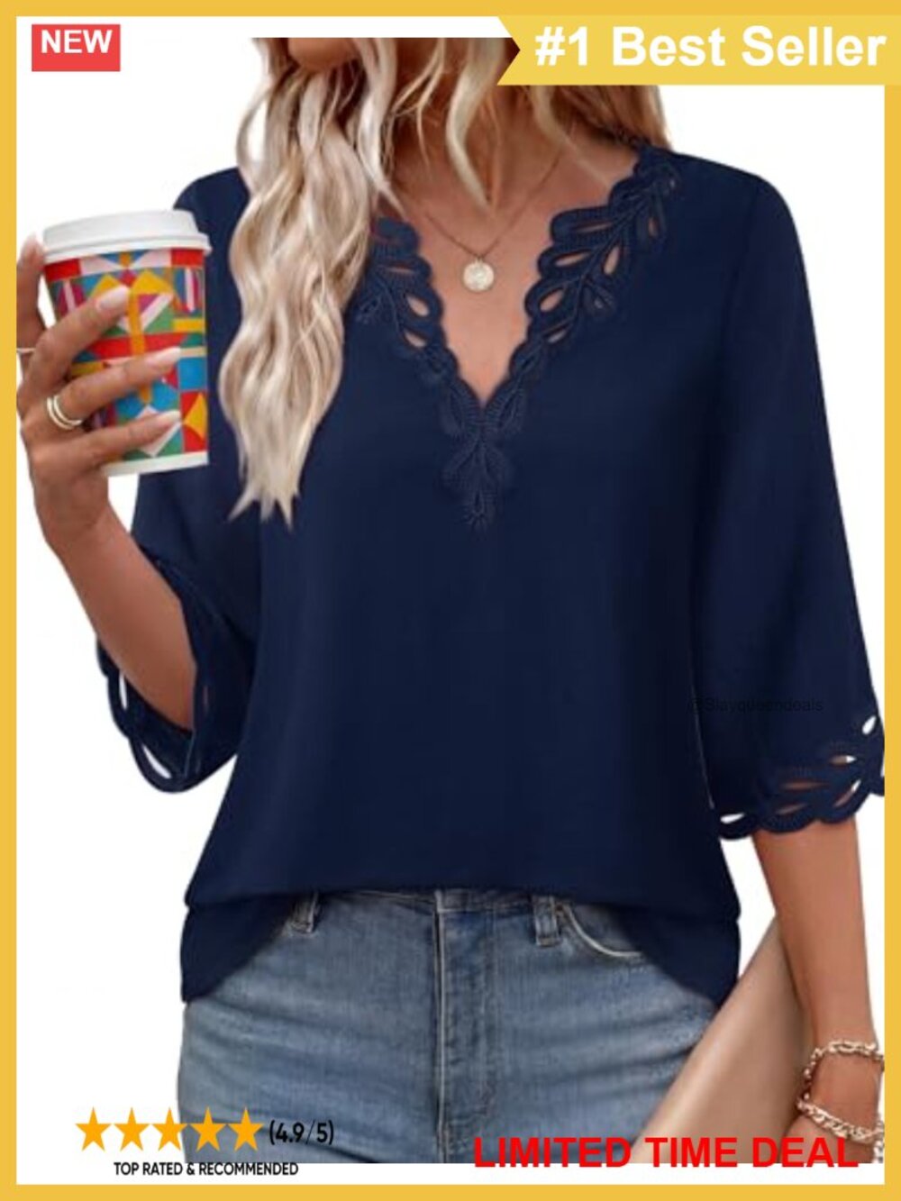 Womens Boho Eyelet Embroidery Blouse V Neck 3/4 Sleeve Loose Fit Top